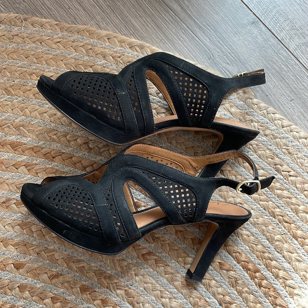 Clark’s black Suede Perforated stiletto heels .